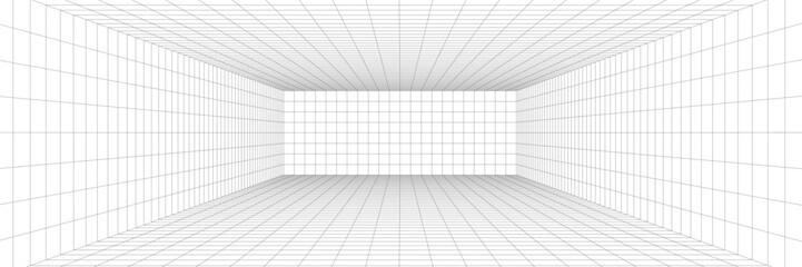 Poster - Grid background 3D room with line patterns and spatial wireframe design. Cube and box elements shape a black digital game space. Vector dimension with futuristic texture.