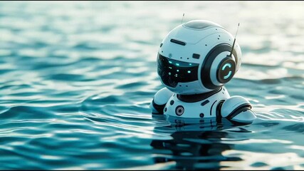 Poster - Futuristic robot floating gracefully in clear water showcasing technological advancements in water monitoring and efficiency. AI Robot in Water – Animated Video Version