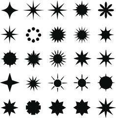 Poster - Collection of Twenty Five Unique Black Star and Burst Shape Silhouettes on a White Background Arranged in a Grid Pattern for Design and Decoration