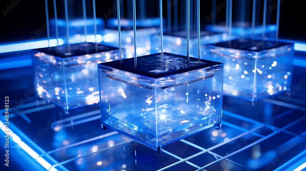High-voltage ion threads in electric blue dancing between crystal-clear ...