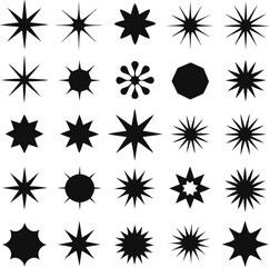 Poster - Collection of Twenty Five Black Starburst Shapes on a White Background Featuring Various Point Counts and Styles Ideal for Graphic Design and Decorative Elements