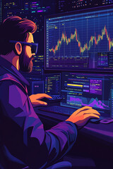 Poster - A focused individual analyzing stock market data on multiple screens in a dimly lit room