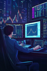 Poster - A trader analyzing stock market trends on multiple screens in a modern office at night