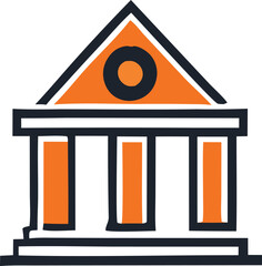 Poster - Stylized Orange and Black Bank Building Icon with Three Columns and a Circular Detail Isolated on a White Background Depicting Financial Institution This