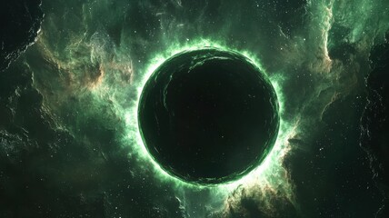 Wall Mural - dark planet with glowing green energy ring in space nebula space nebula planet glowing green energy