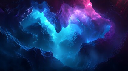 Wall Mural - Abstract cave art with neon glow, blue and purple fantastic cavern, digital painting
