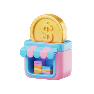 3d cartoon shop icon with gold coin isolated on transparent background