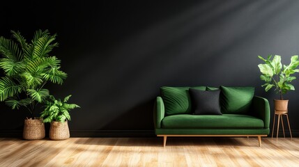 Poster - A stylish modern living room showcasing a chic green sofa, complemented by potted plants and soft lighting, creating a cozy and inviting atmosphere for relaxation.