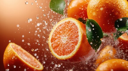 Poster - Vibrant oranges burst with freshness while splashes of water dance around them, depicting the essence of juiciness and vitality in a captivating composition.
