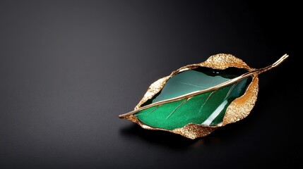 Poster - This artful image features a stunning green glass leaf sculpture resting on a sleek black surface, highlighting elegance and creativity in decorative design.