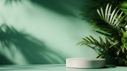 Poster - A calm and serene green background featuring tropical plants, perfect for branding, product displays, or calming aesthetic visuals in various creative projects.
