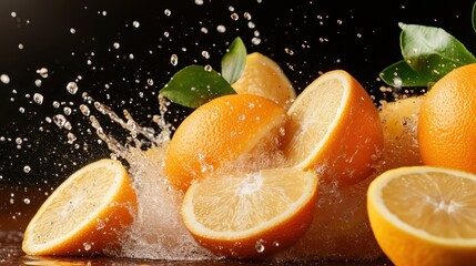 Poster - Vibrant oranges splashing into water, capturing a refreshing moment filled with energy and vitality, highlighting the beauty of this delicious citrus fruit.