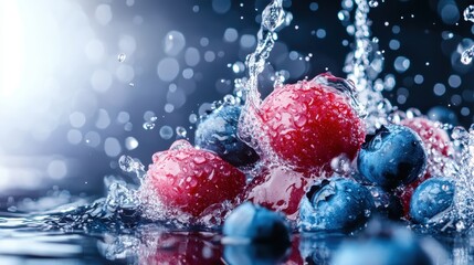 Poster - An eye-catching image capturing fresh raspberries and blueberries splashing into crystal clear water, symbolizing freshness, vitality, and natural goodness.