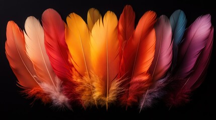 Poster - An artistic arrangement of vibrant feathers showcasing a spectrum of colors, symbolizing creativity, beauty, and the diversity of nature's palette.