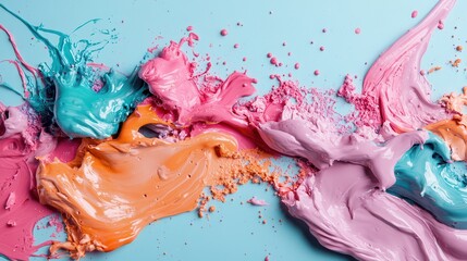 Poster - A vibrant display of paint splashes in pink, blue, orange, and purple against a soft blue background, showcasing a lively and dynamic artistic composition full of energy.