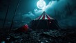 © Larisa AI - A captivating image of a vintage circus tent illuminated under a full moon, shrouded in mist, evoking a sense of mystery and nostalgia for forgotten adventures.