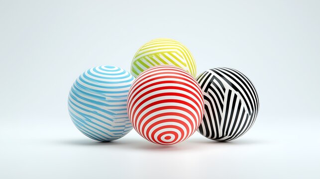 A row of five striped spheres in green red black yellow and blue on a white surface with shadows