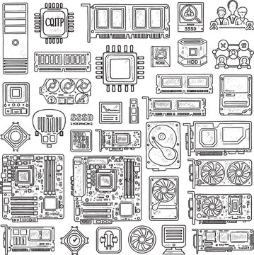 Chalkboard-style hand-drawn icons illustrating a wide range of computer hardware components, from CPUs to storage and graphics cards.