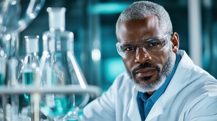 Poster - An experienced male scientist wearing safety glasses and a lab coat focuses intently in a modern laboratory filled with glassware and scientific instruments essential for research.
