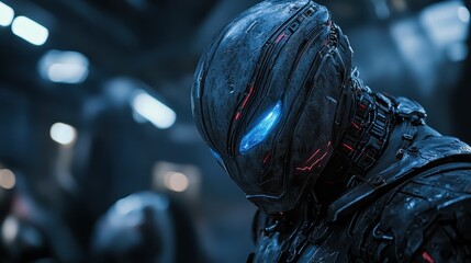 Poster - A striking close-up of a futuristic robotic figure, showcasing its intricate design and glowing blue eyes that embody the essence of advanced technology and artificial intelligence.