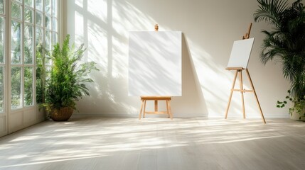 Poster - An inviting art studio bathed in natural light, featuring a blank canvas and easels, perfect for creative expression or artistic endeavors in an inspiring environment.