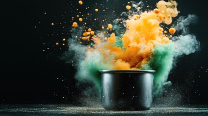 Poster - A mesmerizing explosion of colorful smoke and powder emerges from a metallic pot, creating a dynamic visual effect that evokes excitement, creativity, and artistic flare.