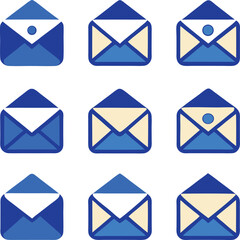 Poster - Collection of Stylized Blue and White Envelope Icons Representing Email and Communication Arranged in a Grid Pattern on a Clean White Background Simple and Modern