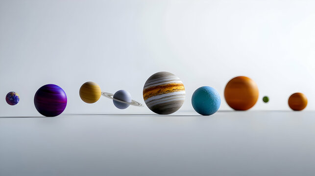 Colorful solar system planets displayed in a line against a plain backdrop.  Each planet is a different color and size, and the one with rings is prominent.  A sense of motion is implied