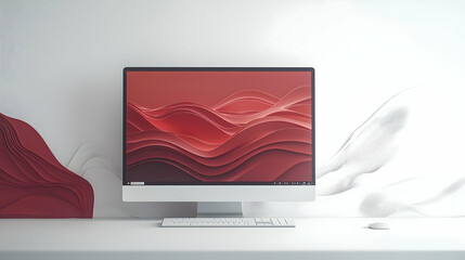 Aufkleber - Modern minimalist workspace with computer.  Red and white abstract design