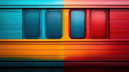 Poster - This abstract image features a colorful split wall showcasing four windows, with a striking transition from blue and orange to red, conveying artistic expression and modern design.