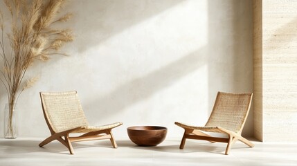 Poster - A minimalist interior design featuring two stylish chairs and a wooden bowl, emphasizing natural materials and light, promoting serenity and simplicity in home decor.