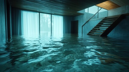 Poster - An impactful image of a flooded modern living space, featuring natural light filtering through sheer curtains, evoking themes of disruption and the power of nature in architecture.