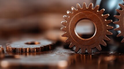 Poster - A detailed close-up of metallic gears highlights the complexity of machinery and the artistry involved in industrial design, symbolizing innovation and mechanical precision.