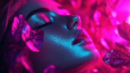 Poster - An ethereal close-up of a woman surrounded by colorful leaves, bathed in a mesmerizing pink glow that highlights her serene expression amid a dreamlike atmosphere.