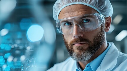 Poster - A focused scientist in a modern laboratory, dressed in protective gear, studies materials while surrounded by advanced equipment, showcasing innovation in scientific research.