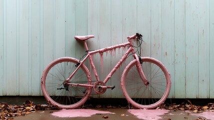 Poster - A quirky and artistic image of a pink bicycle with dripping paint effects, set against a pastel backdrop, creating a striking and whimsical visual that challenges conventional norms.