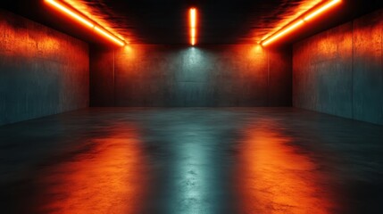 Poster - An abstract indoor space illuminated by striking red and orange neon lights, creating an atmospheric vibe that evokes modern artistry and industrial design.