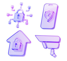 Poster - 3d glass holographic cyber security icon set render. Gradient crystal padlock logo, mobile phone with shield, house with lock, cctv camera. Privacy data protection, safety technology. 3D illustration