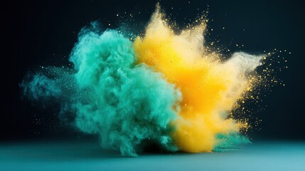 Poster - A stunning cloud of teal and yellow powder explodes in an artistic display, creating an eye-catching abstract background that mesmerizes with its vibrant hues and textures.
