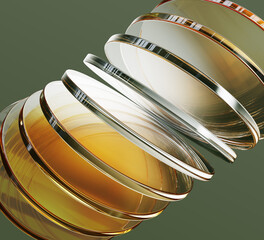 Poster - 3d green background with gold glass circular discs row. Abstract diagonal line pattern. Golden crystal plates, geometric transparent shape with light yellow gradient and motion effect. 3D illustration