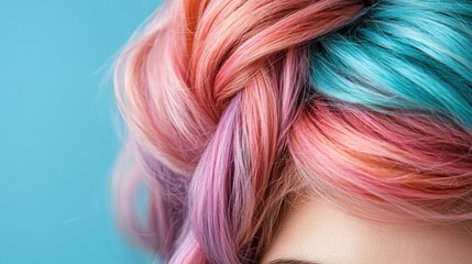 Poster - A stunning view of beautifully styled pastel hair incorporating shades of pink and blue, showcasing contemporary hair fashion trends with a touch of artistic flair and creativity.