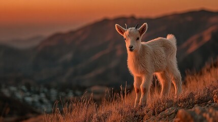 Canvas Print -   Goat on grassy hill with mountains in background