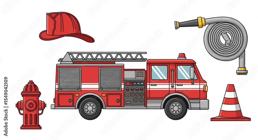 Firetruck, Helmet, Hose, Hydrant Emergency Response Vector Illustration ...