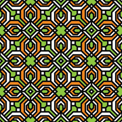 Poster - Geometric Outline Decorative Seamless Pattern with Bold Green and Orange Shapes