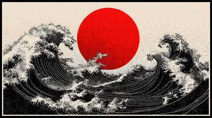 Poster - rising sun and crashing waves: a striking depiction of the sun's fiery glow above crashing waves, an