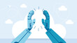 © Yurii - Making high five sign, clapping, cooperation of one robot with another. Working together with Artificial Intelligence, AI help or support coworker, assistance, partnership concept. Flat illustration