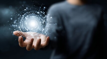 Fototapete - A man holding a glowing digital circle in his hand, surrounded by futuristic technology and connection lines, symbolizing the integration of AI into a business vision or creative process.