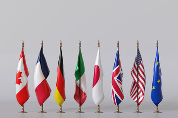 Fototapete - Flags of G7 countries including Canada, Germany, Japan, UK, US, and EU are displayed together, symbolizing global cooperation and leadership in economic and political matters. Copy space for text. 3D.
