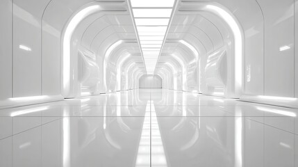Fototapete - Sleek white spaceship corridor with glowing illumination reflecting on polished floor, embodying futuristic minimalist design and sterile high tech aesthetic