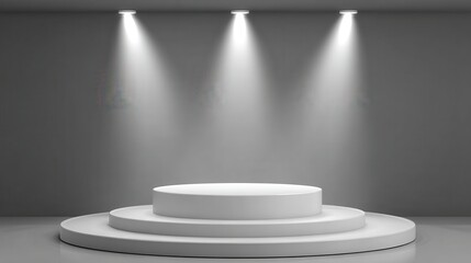 Poster - Minimalist stage podium featuring three spotlights highlighting white circular platform, creating dramatic presentation environment for product displays or award ceremonies
